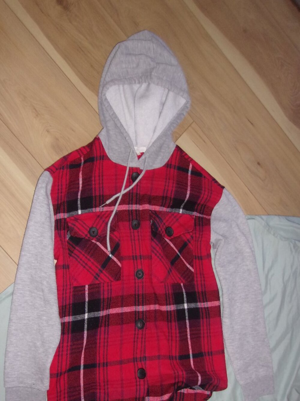 size large womens shirt flannel hoodie sweatshirt red plaid shaket gorpcore